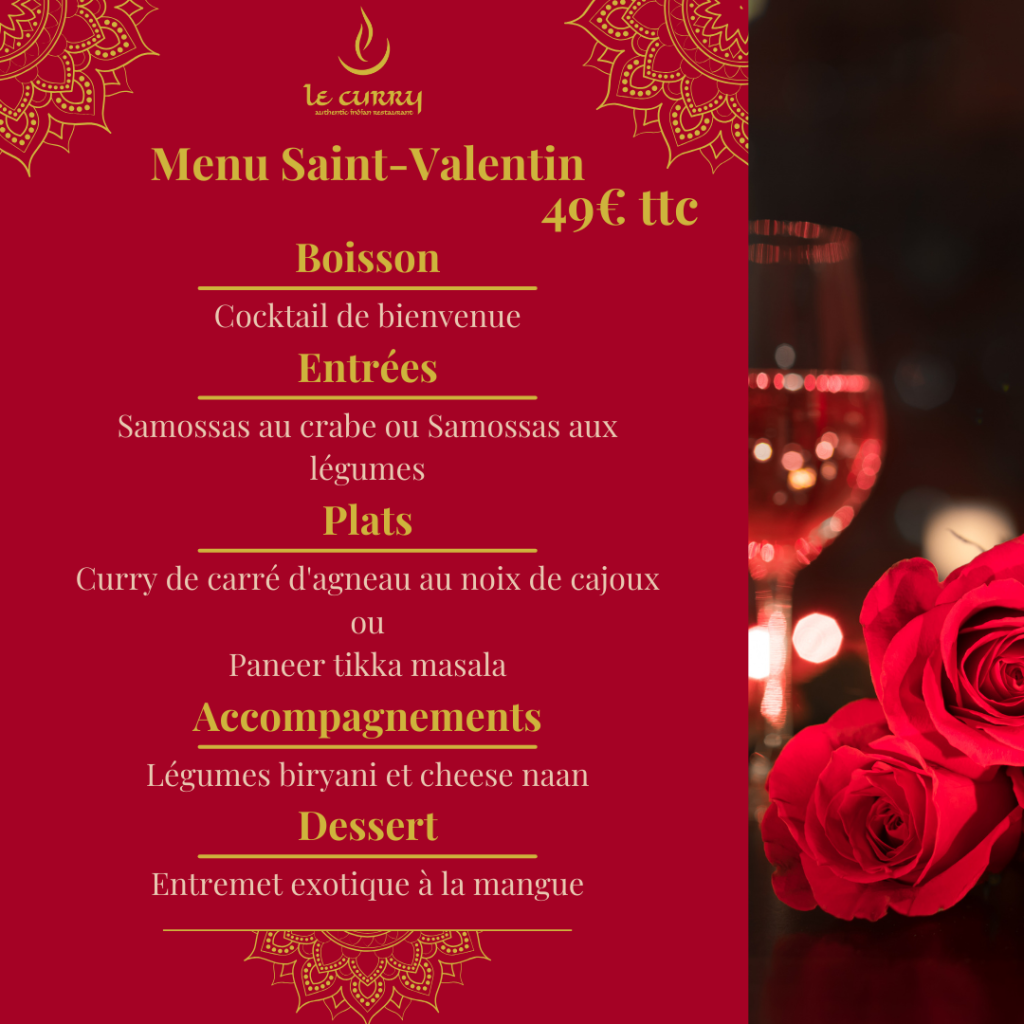menu le curry / st valentin menu  indiens  / menu d'amoureux / menu indiens / l'amour en inde
